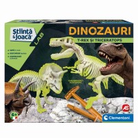 Set educativ Stiinta si joaca Clementoni - Descopera Dinozaurul T-Rex & Triceraptor Fluorescent