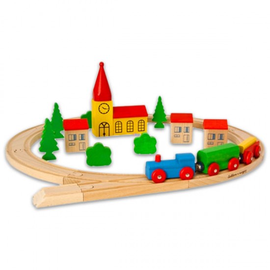 Set Trenulet cu sina din lemn in galetusa 30 piese Eichhorn