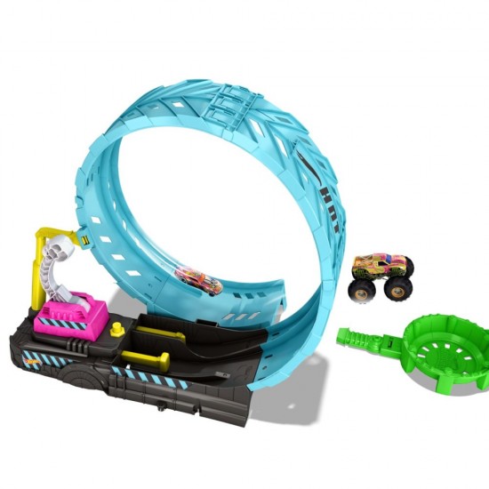 Pista cascadorilor in bucla fosforescenta Hot Wheels Monster Truck 