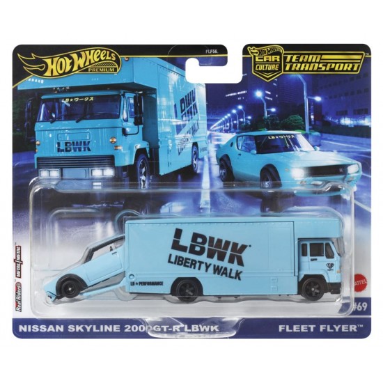 Camion transportator Hot Wheels Fleet Flyer cu masinuta Nissan Skyline 2000 GT-R LBWK scara 1:64 Camion transportator Hot Wheels Fleet Flyer cu masinuta Nissan Skyline 2000 GT-R LBWK scara 1:64
