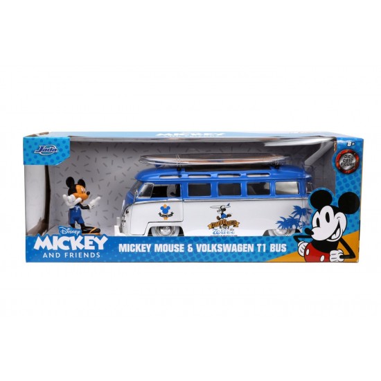 Masina din metal Volkswagen T1 Bus scara 1:24 cu figurina Mickey Mouse