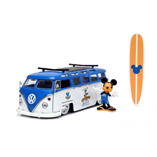 Masina din metal Volkswagen T1 Bus scara 1:24 cu figurina Mickey Mouse