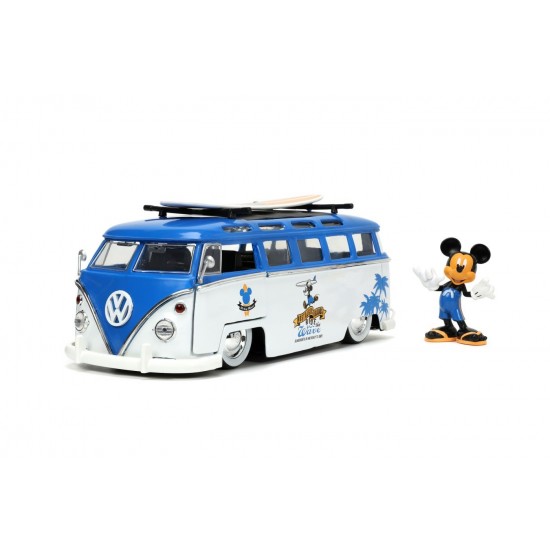 Masina din metal Volkswagen T1 Bus scara 1:24 cu figurina Mickey Mouse