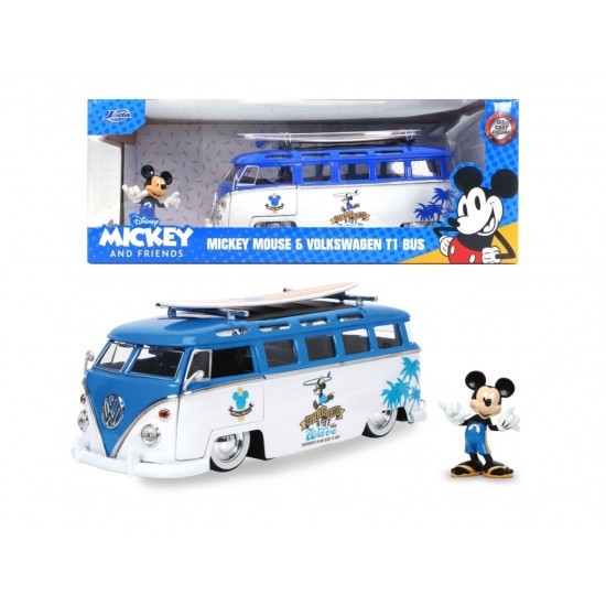 Masina din metal Volkswagen T1 Bus scara 1:24 cu figurina Mickey Mouse