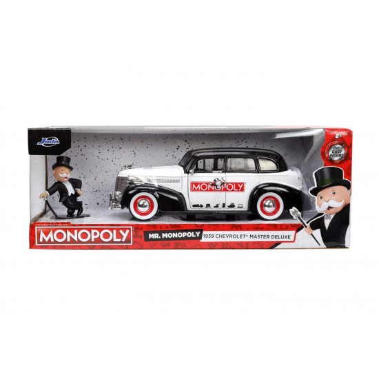 Set masinuta metalica Chevrolet Master Deluxe 1939 scara 1:24 cu figurina Mr. Monopoly