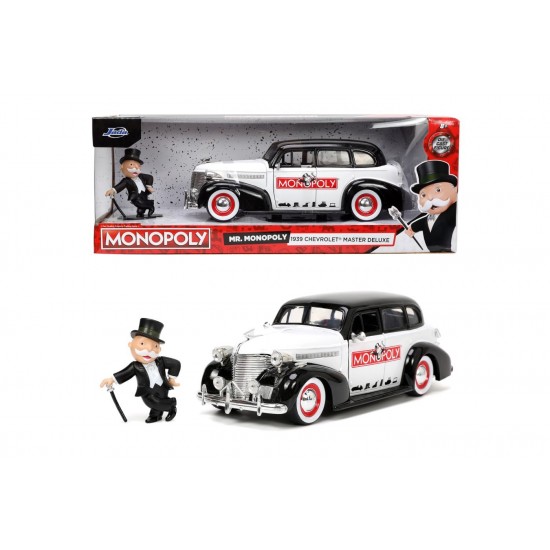 Set masinuta metalica Chevrolet Master Deluxe 1939 scara 1:24 cu figurina Mr. Monopoly