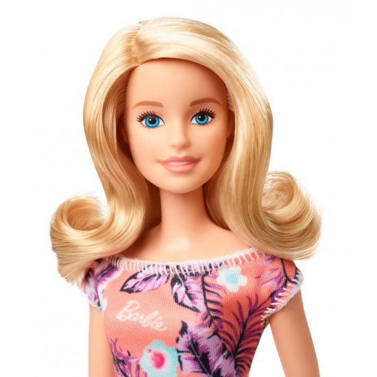 Papusa Barbie blonda cu rochita inflorata
