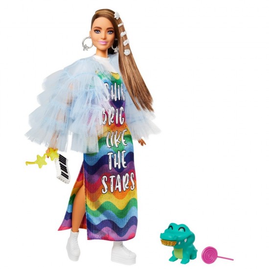 Papusa Barbie Extra Style cu rochie curcubeu