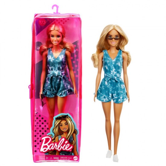 Papusa Barbie Fashionistas blonda cu tinuta casual albastra si ochelari de soare