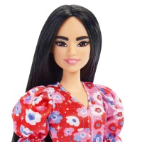 Papusa Barbie Fashionistas bruneta cu rochie rosie cu flori