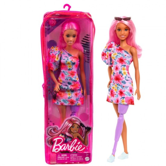 Papusa Barbie Fashionista cu par roz si picior protetic