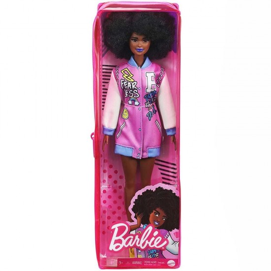 Papusa Barbie Fashionistas cu parul afro si jacheta lila