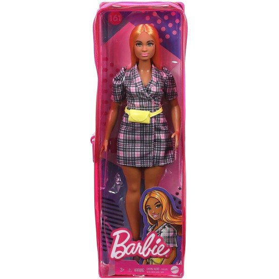 Papusa Barbie Fashionistas cu rochie tip blazer roz in carouri