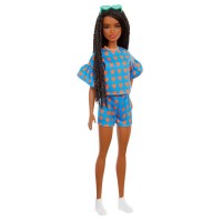 Papusa Barbie Fashionistas satena cu codite impletite si tinuta casual albastra