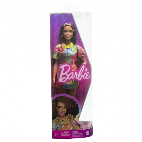 Papusa Barbie Fashionistas satena cu rochie cu imprimeu Good Vibes