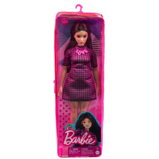 Papusa Barbie Fashionistas satena cu rochie mov