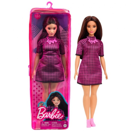 Papusa Barbie Fashionistas satena cu rochie mov