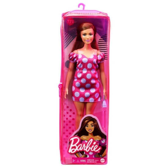 Papusa Barbie Fashionistas satena cu rochie roz cu buline