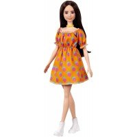Papusa Barbie Fashionistas satena cu rochita portocalie cu buline