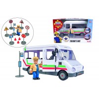 Autobuz Pompierul Sam cu figurina Trevor Simba si indicatoare rutiere
