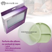 Farfurie compartimentata din silicon cu ventuza si capac AppeKids Raw Green