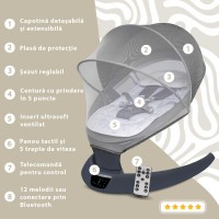 Leagan electric pentru bebelusi, cu spatar reglabil si senzor de miscare, AppeKids Evoque - Powder Grey