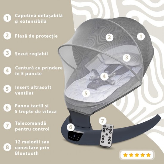 Leagan electric pentru bebelusi, cu spatar reglabil si senzor de miscare, AppeKids Evoque - Powder Grey Leagan electric pentru bebelusi, cu spatar reglabil si senzor de miscare, AppeKids Evoque - Powder Grey