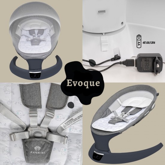 Leagan electric pentru bebelusi, cu spatar reglabil si senzor de miscare, AppeKids Evoque - Powder Grey Leagan electric pentru bebelusi, cu spatar reglabil si senzor de miscare, AppeKids Evoque - Powder Grey