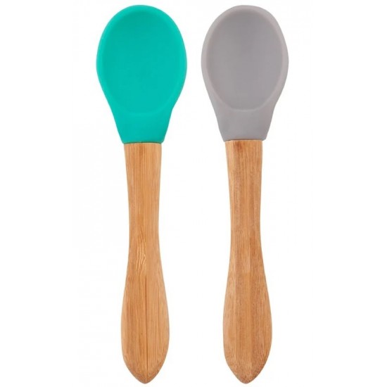 Set 2 lingurite Minikoioi cu varf din silicon si maner din bambus Aqua Green/Powder Grey 