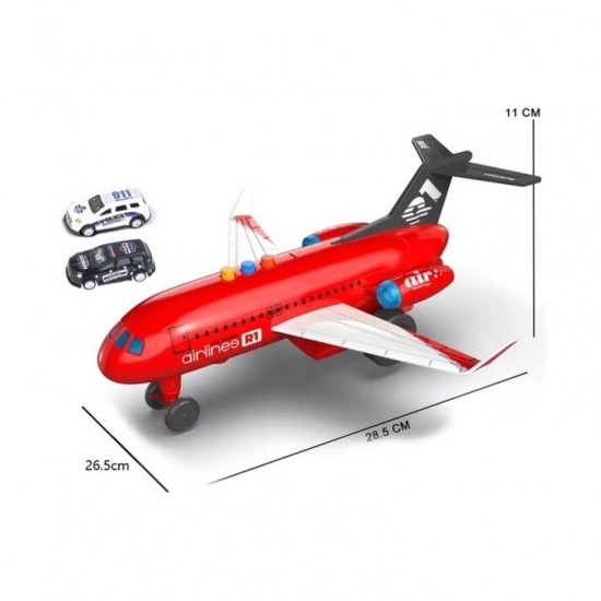 Avion de jucarie 28 cm cu sunete, lumini si 2 masinute