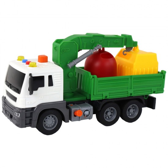 Jucarie camion de gunoi 26 cm cu 2 containere si macara, verde Jucarie camion de gunoi 26 cm cu 2 containere si macara, verde