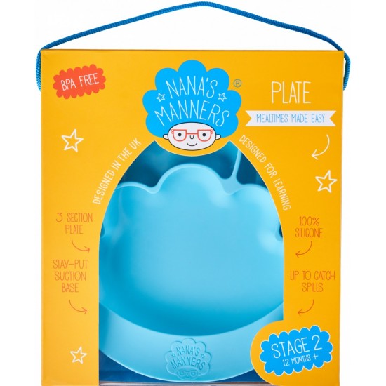 Farfurie din silicon Nana's Manners cu ventuza, pentru toddleri, etapa 2 - albastra