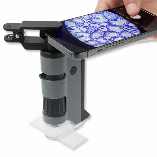 Microscop portabil cu LED si UV, cu adaptor de smartphone, include 24 de lamele pregatite, marire 100-250x, MicroFlip