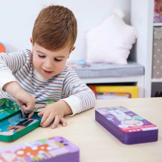 Puzzle magnetic in cutie metalica, joc de potrivire si asociere - Aventurierii Spatiului