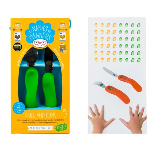 Set tacamuri pentru copii Nana's Manners 3 ani+, furculita si cutit, etapa 3 - verde