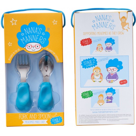 Set tacamuri Nana's Manners pentru toddleri, furculita si lingura, etapa 2 - albastru