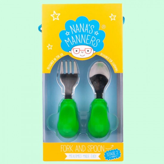 Set tacamuri Nana's Manners pentru toddleri, furculita si lingura, etapa 2 - verde