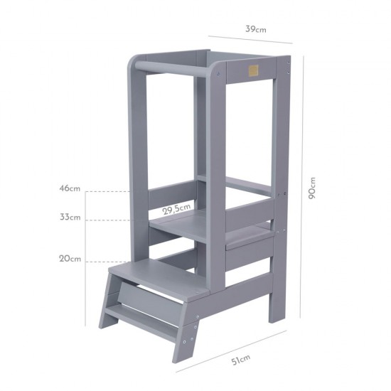 Inaltator Learning Tower Ajustabil, Ajutor de bucatarie MeowBaby, lemn Gri inchis