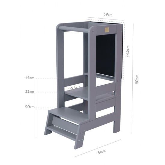 Inaltator Learning Tower Ajustabil cu tabla de scris, Ajutor de bucatarie MeowBaby, lemn Gri inchis