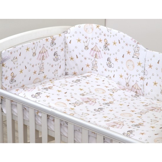 Set lenjerie din bumbac cu protectie laterala pentru pat bebe 120 x 60 cm, Circ Roz