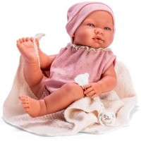 Papusa bebelus Maria cu costumas roz si paturica bej 43 cm