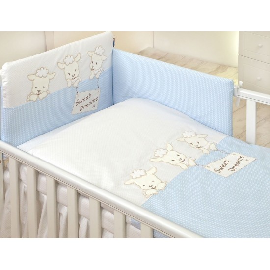 Set Lenjerie din bumbac, cu protectie laterala, pentru pat bebelusi, Sweet Dreams Blue, 120 x 60 cm