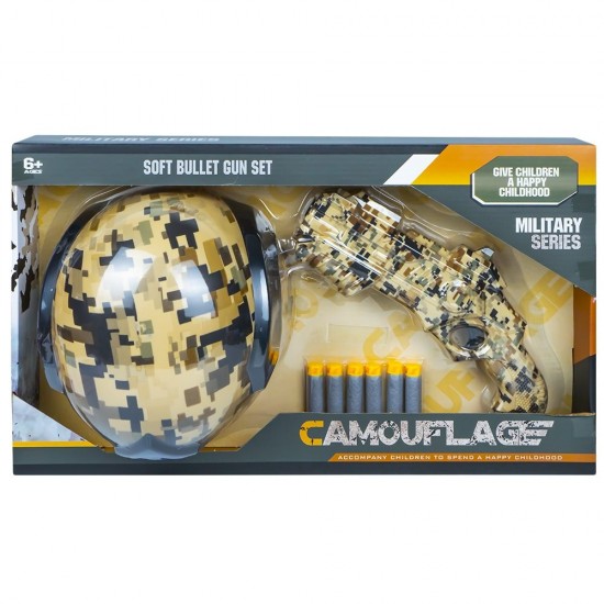 Set de joaca pistol cu gloante burete si casca Set de joaca pistol cu gloante burete si casca