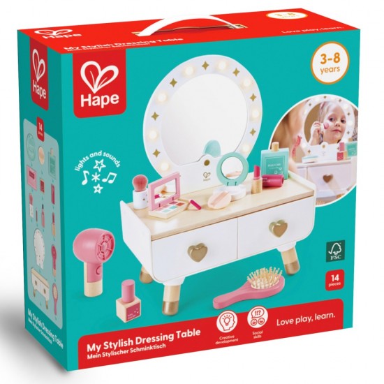 Masuta de toaleta eleganta din lemn pentru fetite Hape 14 piese Masuta de toaleta eleganta din lemn pentru fetite Hape 14 piese