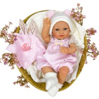 Papusa Nines D'Onil Dou Dou bebelus RN cu hainute roz, jucarie si miros de vanilie 37 cm
