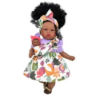 Papusa Nines D'Onil Maria Afro cu sunete, bebelus, rochie mov si miros de vanilie 45 cm