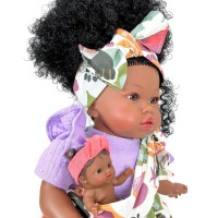 Papusa Nines D'Onil Maria Afro cu sunete, bebelus, rochie mov si miros de vanilie 45 cm