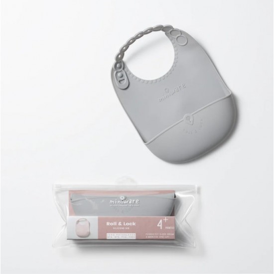 Baveta bebelusi Miniware Roll & Lock, 100% din silicon alimentar Grey