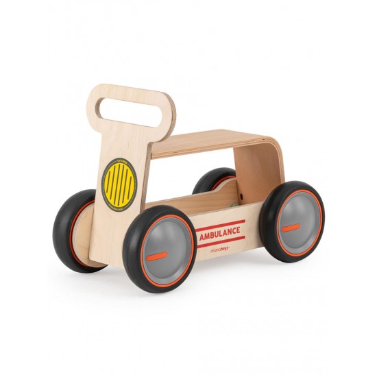 Masinuta ride-on, premergator si carucior de jucarii MamaToyz DriveMe Wood, Ambulanta - Jucarie din lemn 3 in 1