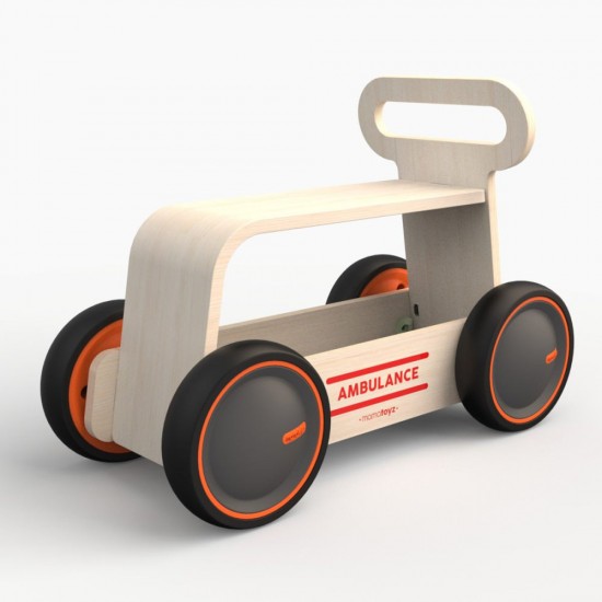 Masinuta ride-on, premergator si carucior de jucarii MamaToyz DriveMe Wood, Ambulanta - Jucarie din lemn 3 in 1